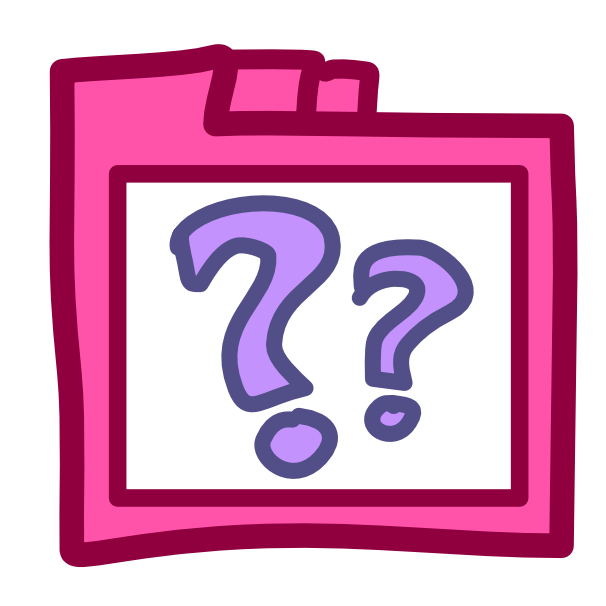 : a pink filing folder with a white square on the front, inside the square are 2 purple question marks